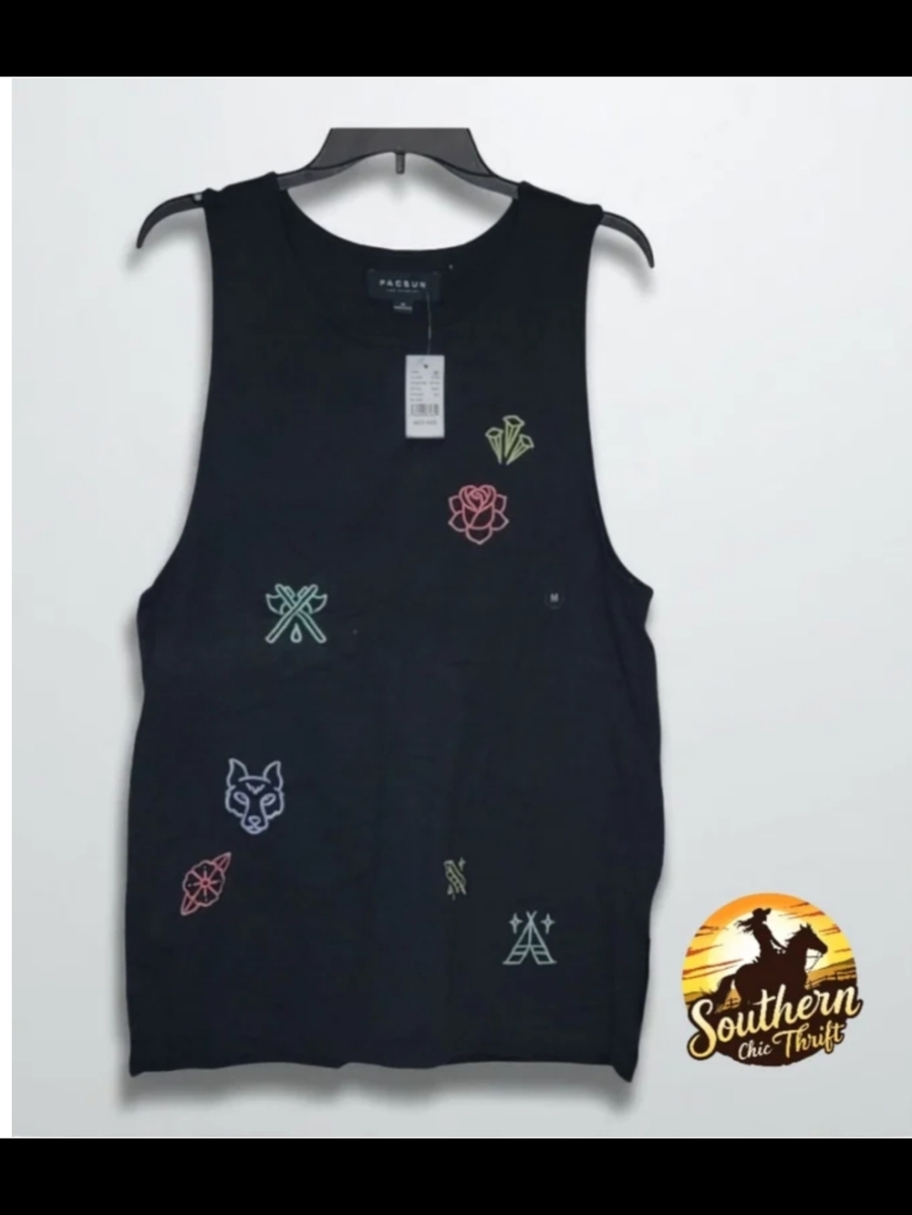 PacSun Black Graphic Muscle Tank with Neon Icons